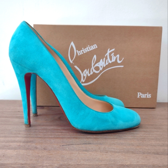 Christian Louboutin Riviera turquoise Ron Ron 100 suede red bottom heels 40/ 9 - Picture 2 of 12